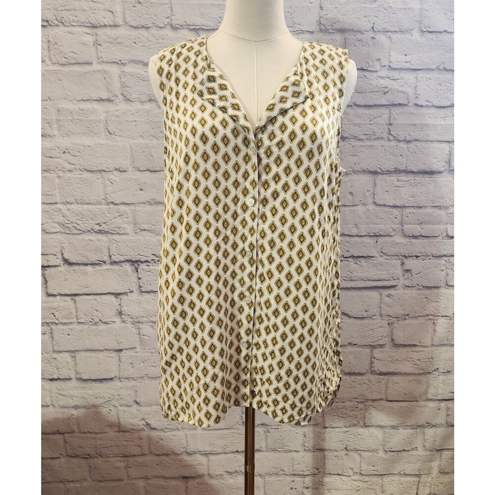 J. Jill Tank Blouse Womens M White Gold Diamond Button Front Soft Flowy Boho